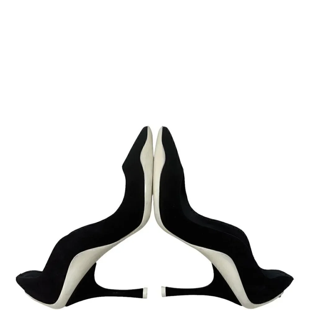 Rare Rene Caovilla Tessa Black Suede Scalloped Edges Pointed Toe Heels Pumps 9